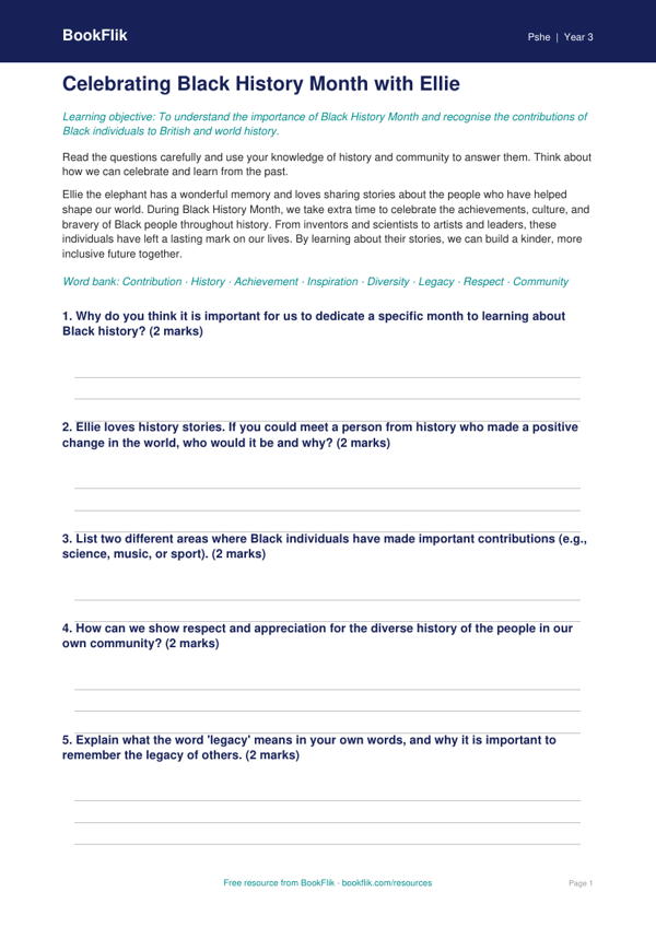 Black History Month Worksheet for Class 3 | Life Skills | BookFlik worksheet preview — Pshe Black History Month