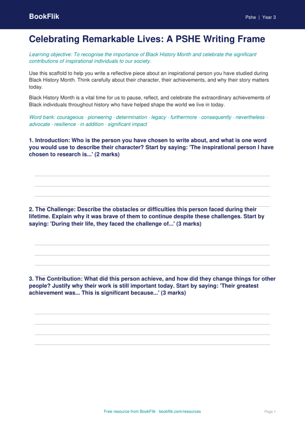 Black History Month Writing Frame | Class 3 Life Skills | BookFlik worksheet preview — Pshe Black History Month