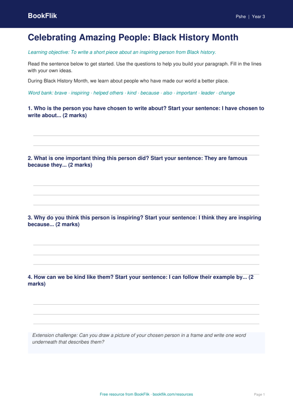 Free Black History Month Writing Frame | Class 3 | Life Skills | BookFlik worksheet preview — Pshe Black History Month