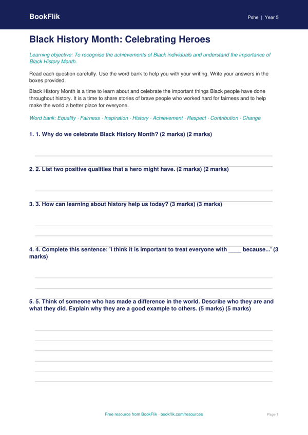 Black History Month Worksheet for Class 5 | CBSE Life Skills | Free Download worksheet preview — Pshe Black History Month