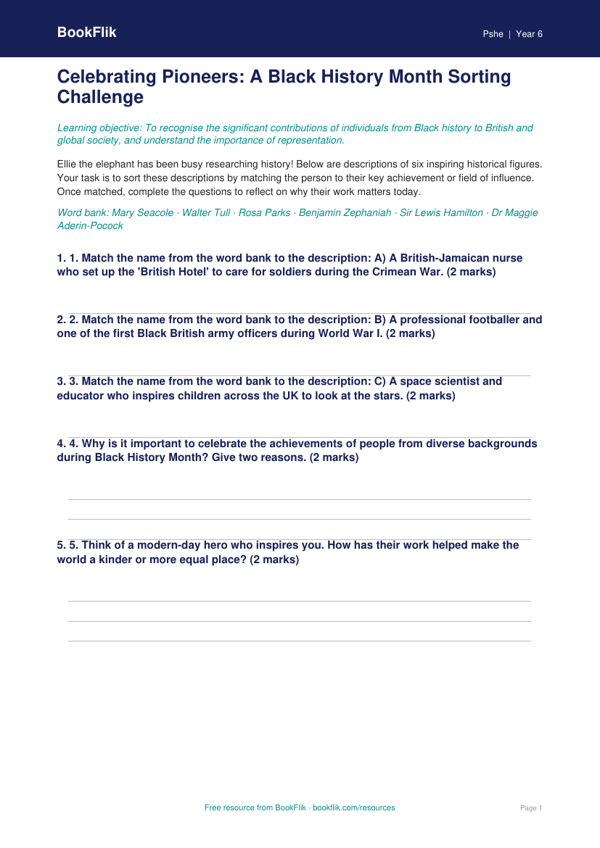 Free Black History Month Activity Sheet | Class 6 | Life Skills | BookFlik worksheet preview — Pshe Black History Month