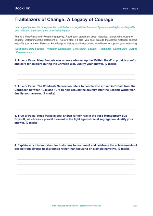 Black History Month Activity Sheet for Class 6 | Life Skills | BookFlik worksheet preview — Pshe Black History Month