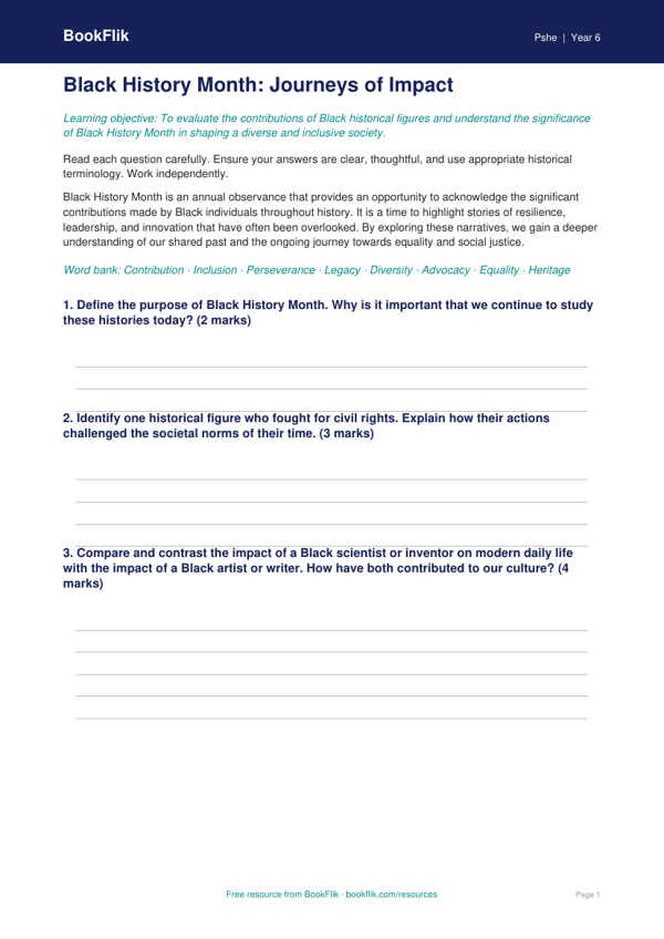 Black History Month Assessment for Class 6 | CBSE Life Skills | BookFlik