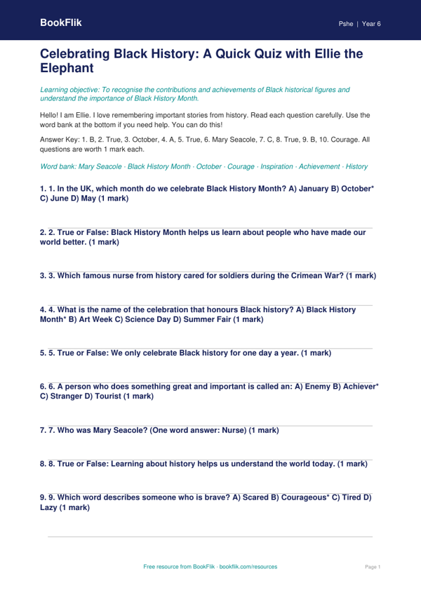 Free Black History Month Quiz | Class 6 | Life Skills | BookFlik worksheet preview — Pshe Black History Month