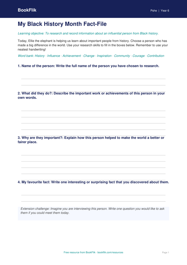 Black History Month Worksheet for Class 6 | CBSE Life Skills | BookFlik worksheet preview — Pshe Black History Month