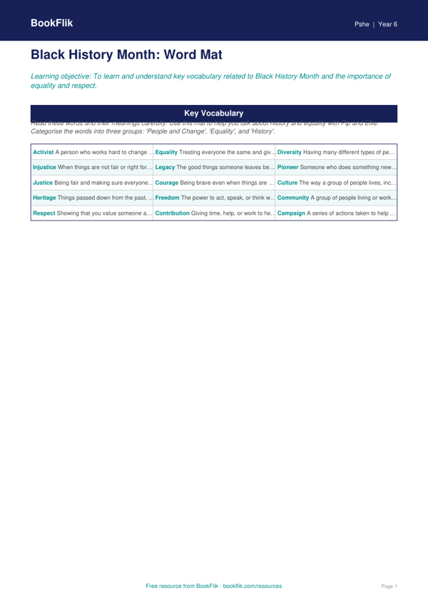Black History Month Word Mat for Class 6 | CBSE Life Skills worksheet preview — Pshe Black History Month