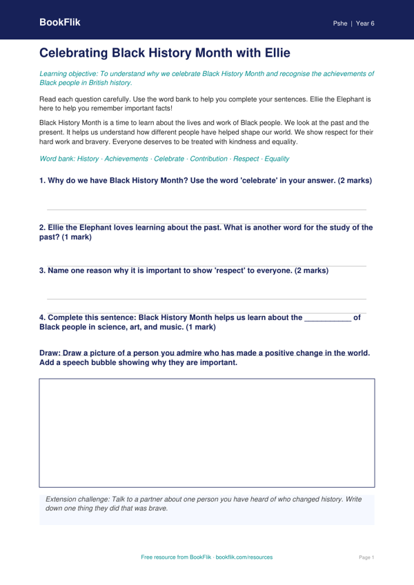 Free Black History Month Worksheet | Class 6 | Life Skills | BookFlik worksheet preview — Pshe Black History Month