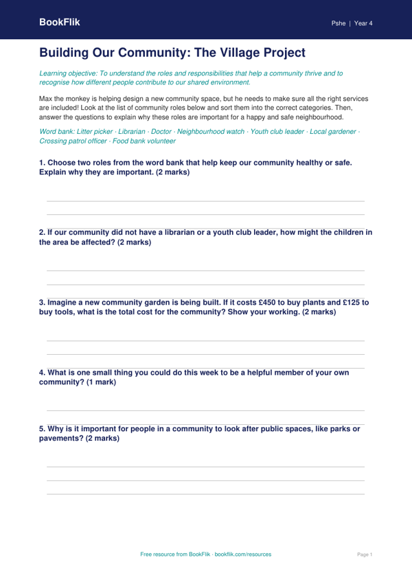 Free Community Activity Sheet | Class 4 | Life Skills | BookFlik worksheet preview — Pshe Community