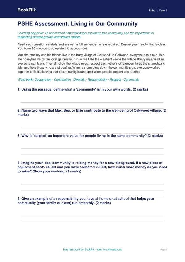 Community Assessment Class 4 Free | Life Skills Worksheet | BookFlik worksheet preview — Pshe Community