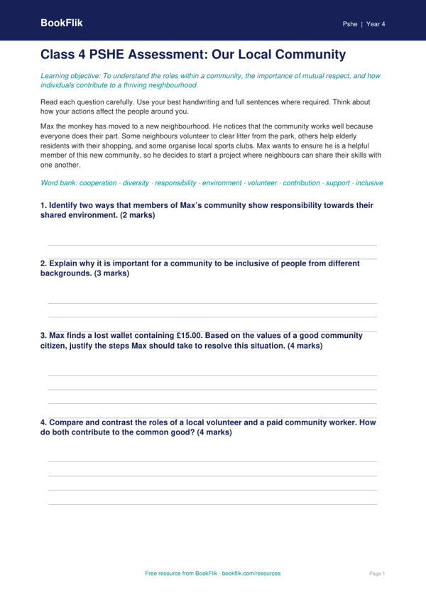 Community Assessment Class 4 Free Worksheet | Life Skills | BookFlik worksheet preview — Pshe Community