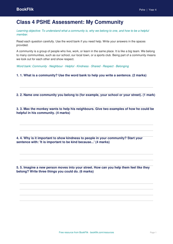 Community Assessment Class 4 Free Worksheet | Life Skills | BookFlik worksheet preview — Pshe Community