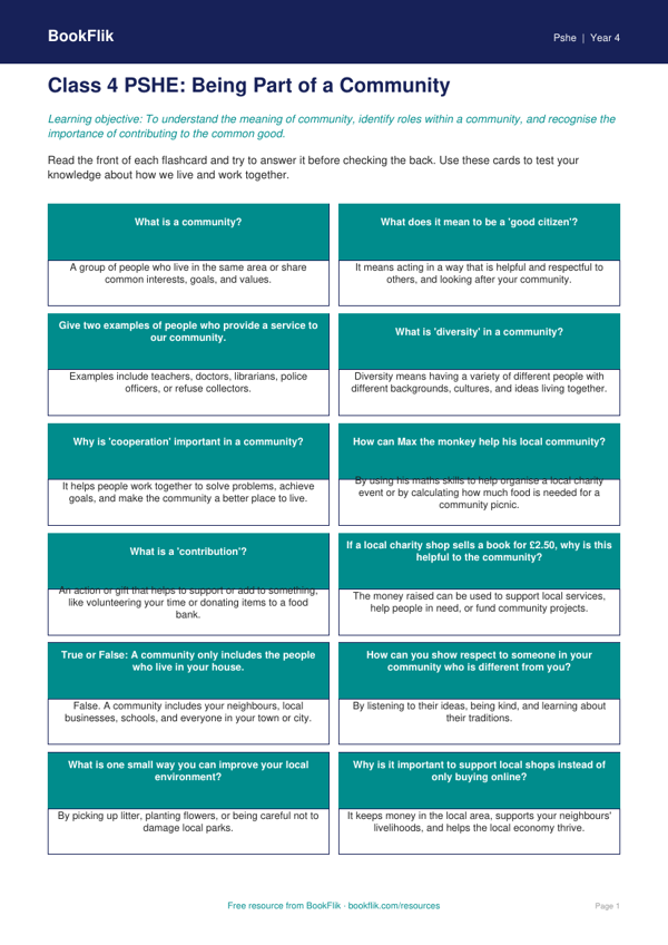 Community Helpers Flashcards for Class 4 | Life Skills | BookFlik worksheet preview — Pshe Community