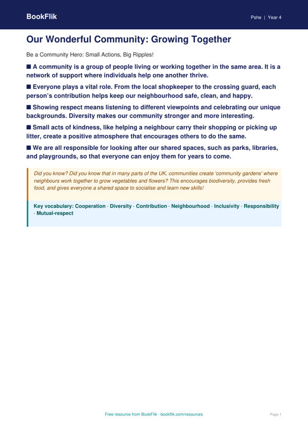 Free Community Poster | Class 4 | Life Skills | BookFlik worksheet preview — Pshe Community