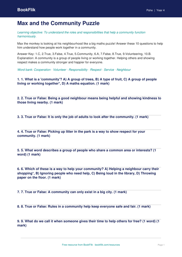 Community Quiz for Class 4 | Life Skills CBSE Worksheet | BookFlik worksheet preview — Pshe Community