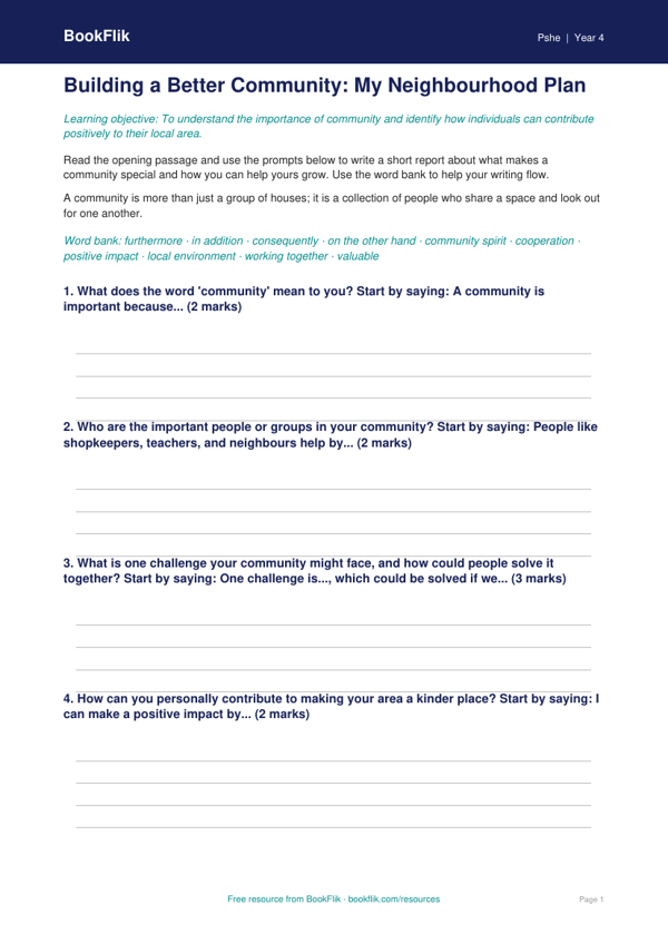 Free Community Writing Frame | Class 4 | Life Skills | BookFlik worksheet preview — Pshe Community