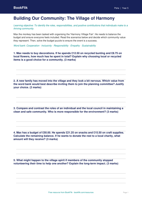 Free Community Activity Sheet | Class 5 | Life Skills | BookFlik worksheet preview — Pshe Community