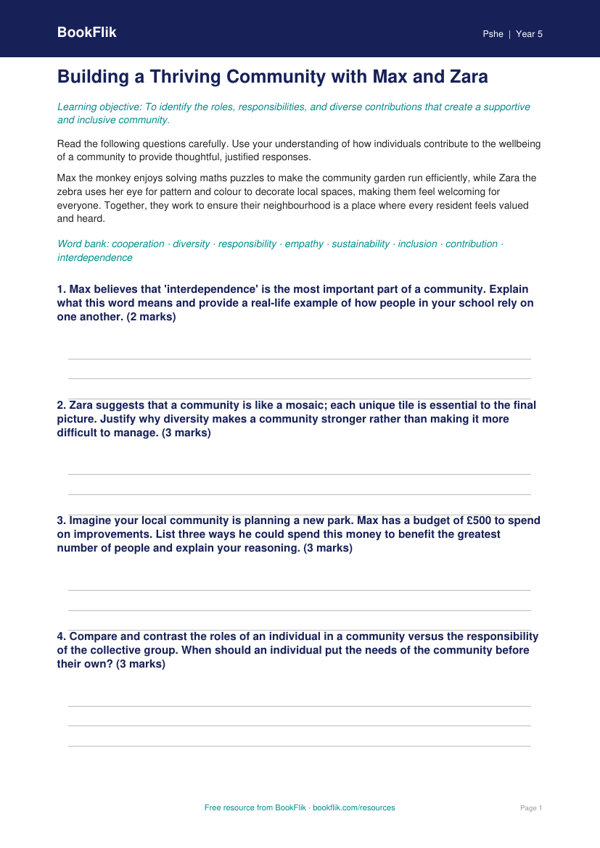 Community Worksheet Class 5 | Life Skills | BookFlik worksheet preview — Pshe Community