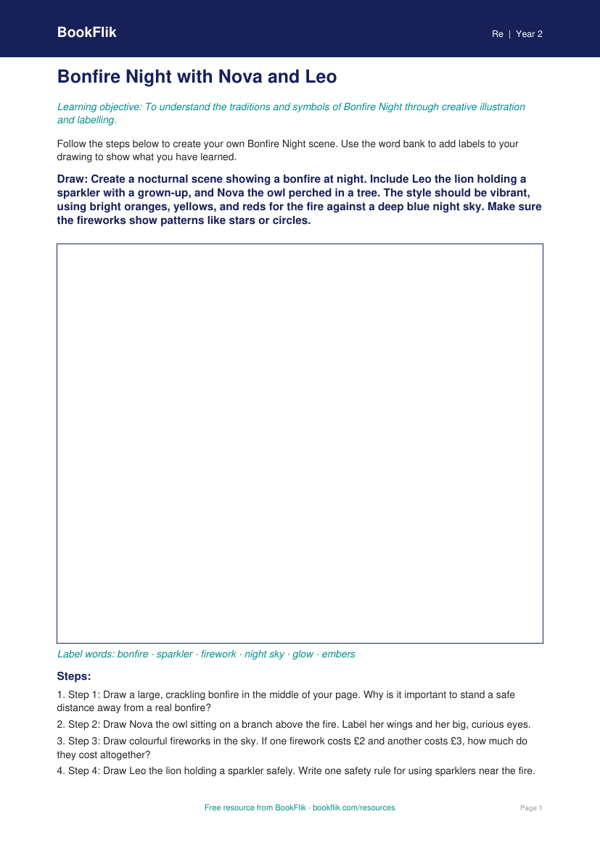 Free Bonfire Night Drawing Sheet | Class 2 | EVS / Moral Education | BookFlik worksheet preview — Re Bonfire Night