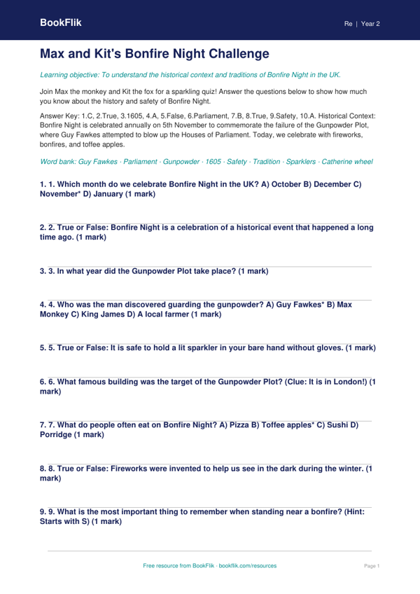 Bonfire Night Quiz for Class 2 | EVS & Safety | BookFlik worksheet preview — Re Bonfire Night