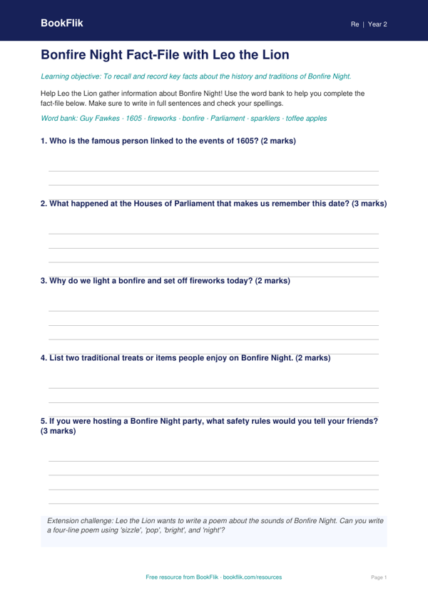 Free Bonfire Night Template | Class 2 | EVS / Moral Education | BookFlik worksheet preview — Re Bonfire Night