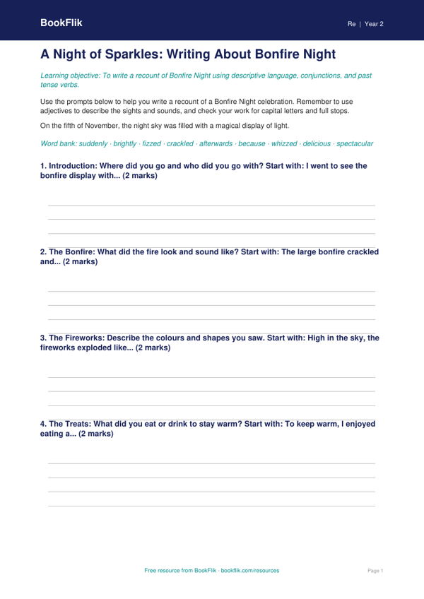 Bonfire Night Writing Frame for Class 2 | EVS & Moral Education | BookFlik worksheet preview — Re Bonfire Night