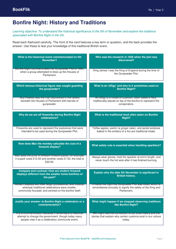 Bonfire Night Educational Resource | Class 3 EVS | BookFlik worksheet preview — Re Bonfire Night