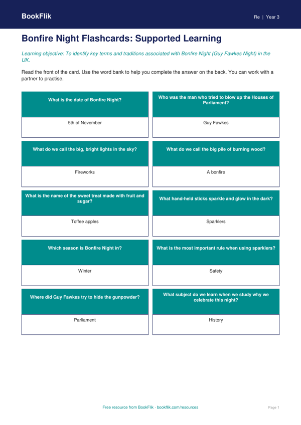 Free Bonfire Night Flashcards | Class 3 | EVS / Moral Education | BookFlik worksheet preview — Re Bonfire Night