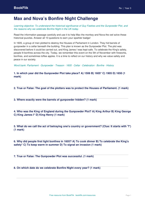 Bonfire Night Quiz for Class 3 | EVS & Moral Education | BookFlik worksheet preview — Re Bonfire Night