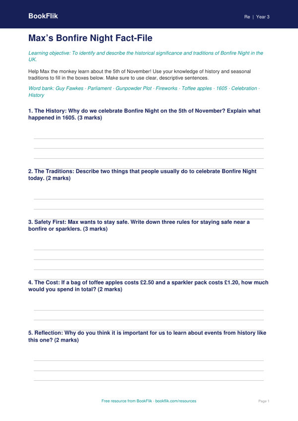 Bonfire Night Learning Activity | Class 3 EVS | BookFlik worksheet preview — Re Bonfire Night
