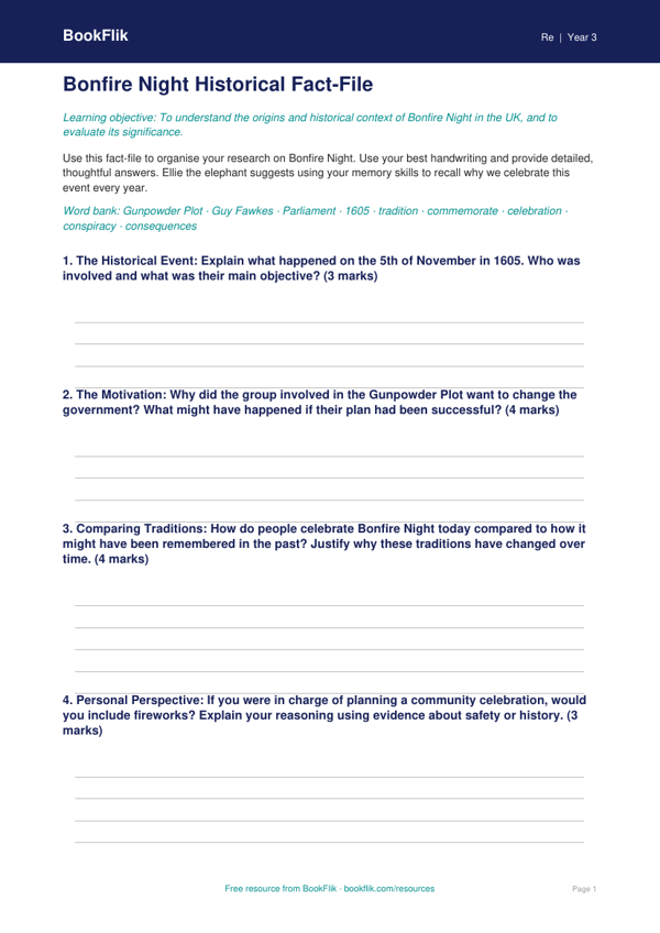 Bonfire Night Activity Worksheet | Class 3 EVS | BookFlik worksheet preview — Re Bonfire Night