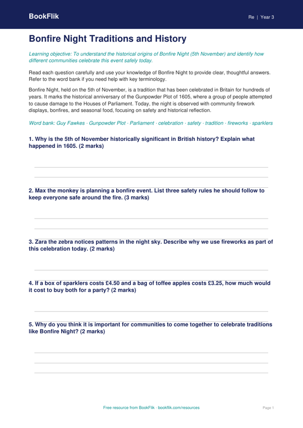 Bonfire Night Worksheet for Class 3 | EVS & Safety | BookFlik worksheet preview — Re Bonfire Night