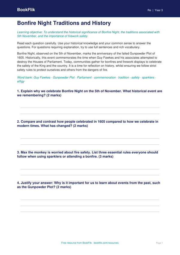 Bonfire Night Worksheet for Class 3 | EVS & Moral Education | BookFlik worksheet preview — Re Bonfire Night
