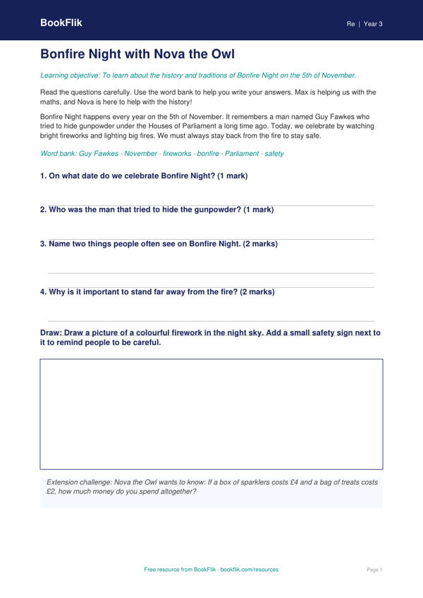 Free Bonfire Night Worksheet | Class 3 | EVS / Moral Education | BookFlik worksheet preview — Re Bonfire Night