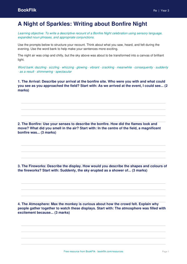 Bonfire Night Writing Frame | Class 3 EVS & Moral Education | BookFlik worksheet preview — Re Bonfire Night