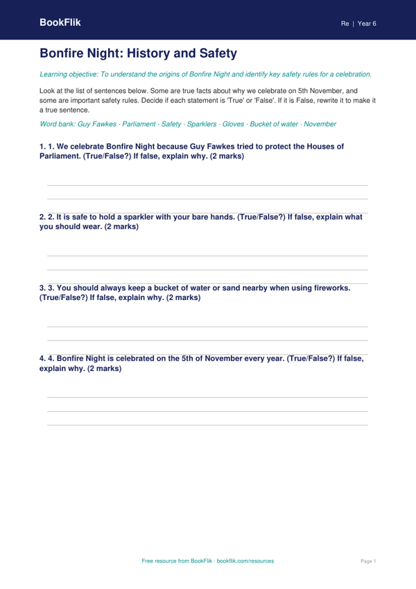 Free Bonfire Night Activity Sheet | Class 6 | EVS / Moral Education | BookFlik worksheet preview — Re Bonfire Night