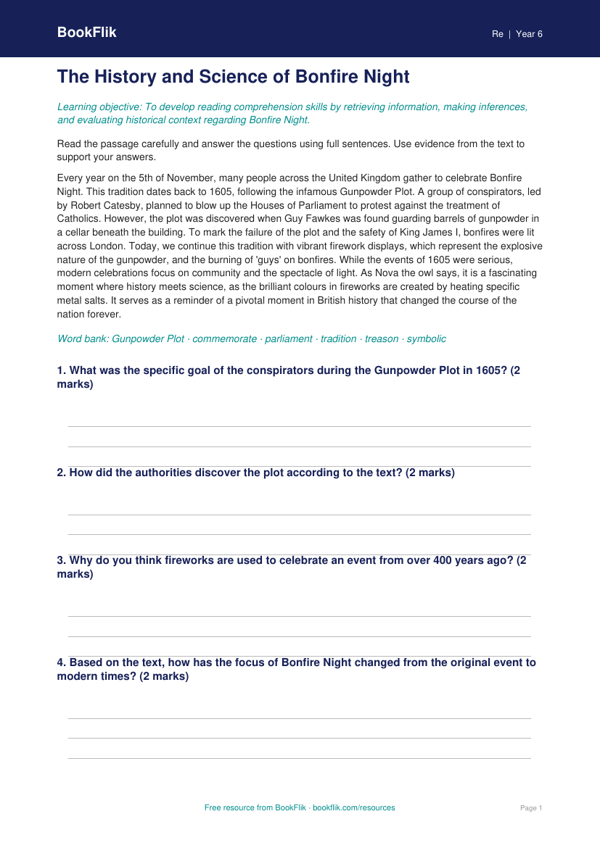Bonfire Night Comprehension Worksheet | Class 6 | EVS & Moral Education worksheet preview — Re Bonfire Night