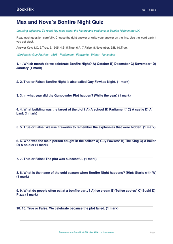 Bonfire Night Quiz for Class 6 | CBSE EVS Worksheet | BookFlik worksheet preview — Re Bonfire Night
