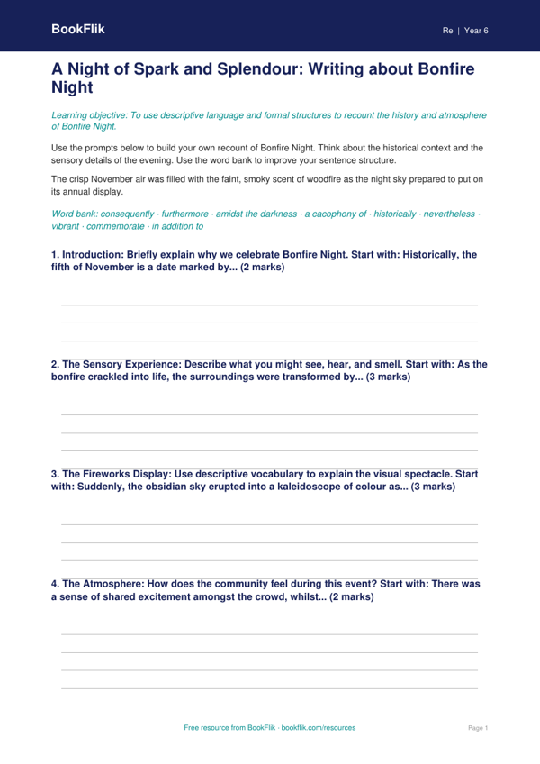 Bonfire Night Writing Frame | Class 6 EVS & Moral Education | BookFlik worksheet preview — Re Bonfire Night