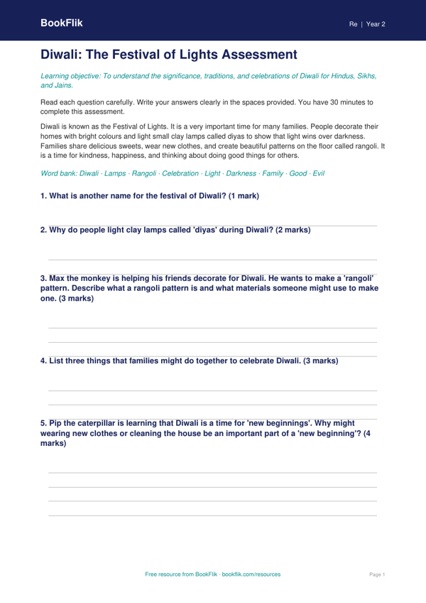 Free Diwali Assessment | Class 2 | EVS / Moral Education | BookFlik worksheet preview — Re Diwali
