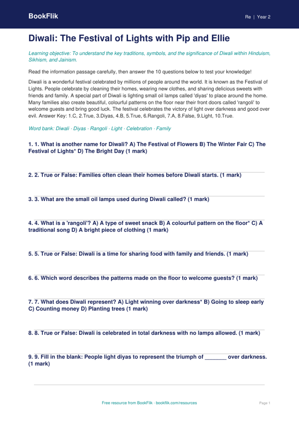 Free Diwali Quiz | Class 2 | EVS / Moral Education | BookFlik worksheet preview — Re Diwali