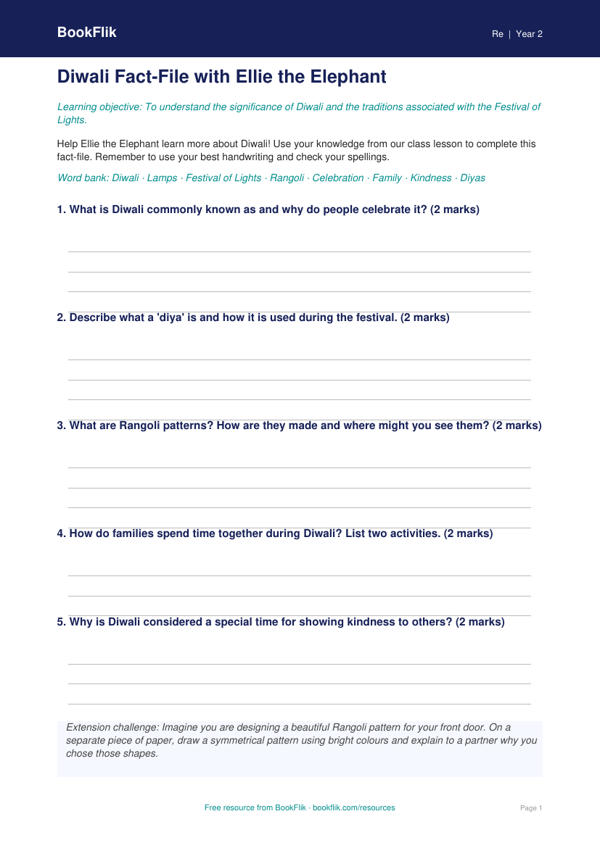 Free Diwali Template | Class 2 | EVS / Moral Education | BookFlik worksheet preview — Re Diwali