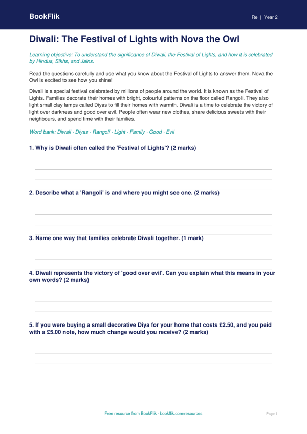 Free Diwali Worksheet | Class 2 | EVS / Moral Education | BookFlik worksheet preview — Re Diwali