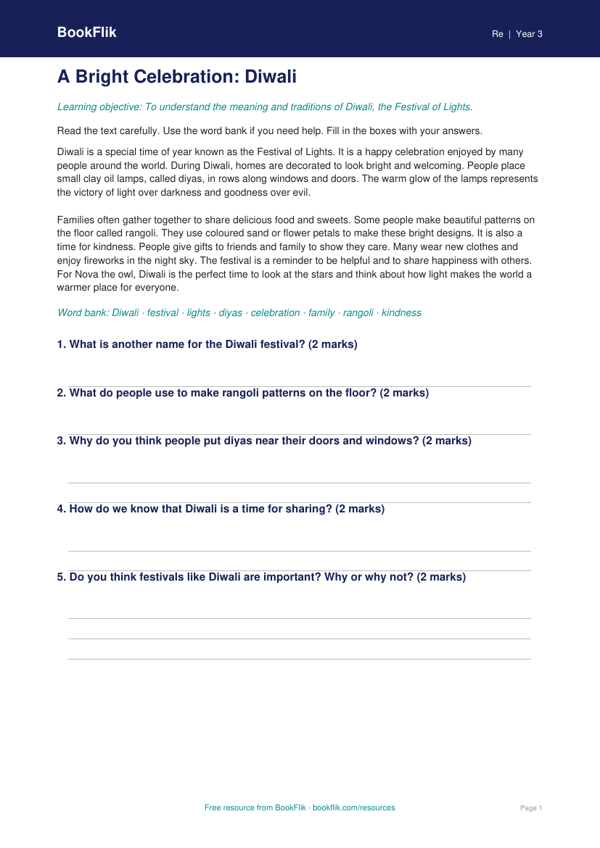 Free Diwali Comprehension | Class 3 | EVS / Moral Education | BookFlik worksheet preview — Re Diwali
