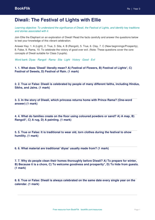 Diwali Quiz for Class 3 | EVS & Moral Education | BookFlik worksheet preview — Re Diwali