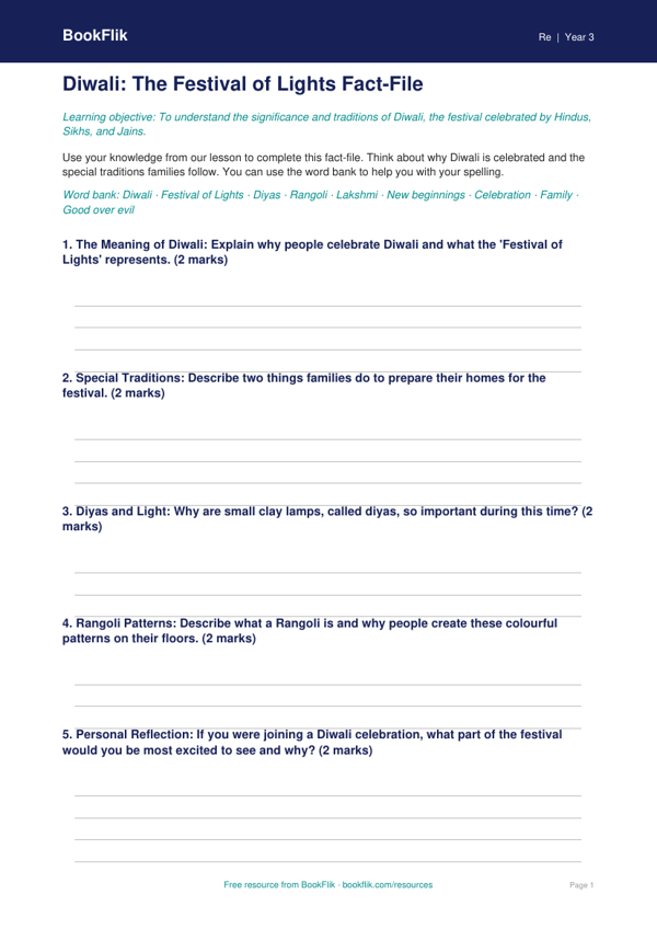 Free Diwali Template | Class 3 | EVS / Moral Education | BookFlik worksheet preview — Re Diwali