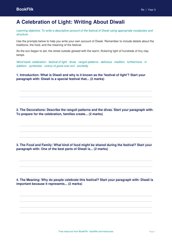Free Diwali Writing Frame | Class 3 | EVS / Moral Education | BookFlik worksheet preview — Re Diwali