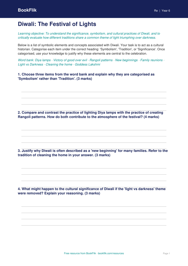 Free Diwali Activity Sheet | Class 6 | EVS / Moral Education | BookFlik worksheet preview — Re Diwali