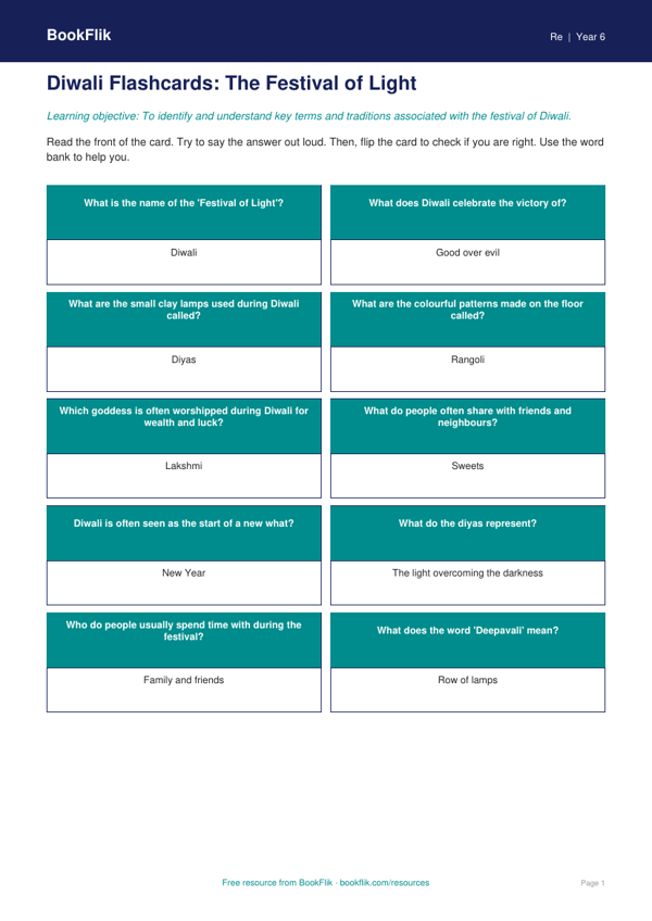 Free Diwali Flashcards | Class 6 | EVS / Moral Education | BookFlik worksheet preview — Re Diwali