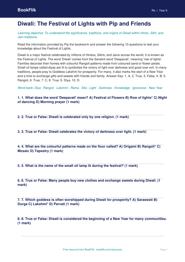 Diwali Quiz for Class 6 | EVS & Moral Education | BookFlik worksheet preview — Re Diwali