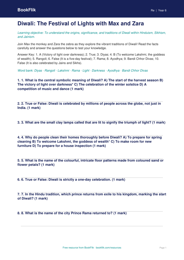 Diwali Quiz for Class 6 | EVS & Moral Education | BookFlik worksheet preview — Re Diwali